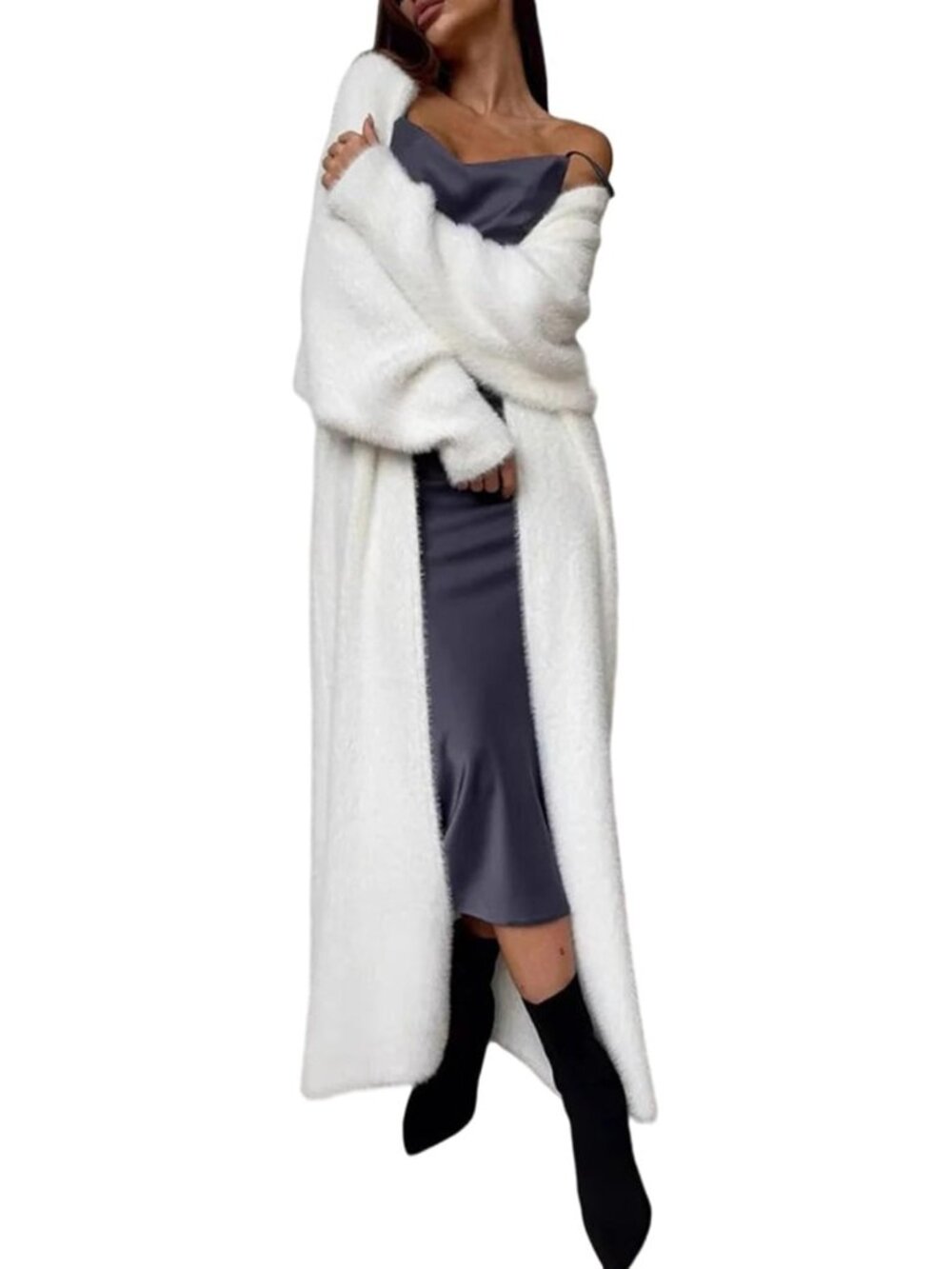 Cozy Women's Fuzzy Long Sleeve Open Front Duster Cardigan for Loungewear